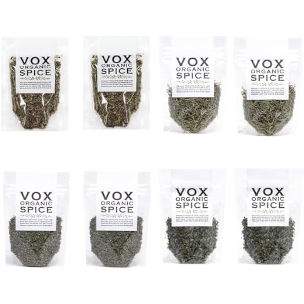 VOXSPICE Organic Basic Herb & Spice 4-Variety Set × 2 (Thyme 15g / Oregano 10g / Rosemary 15g / B...