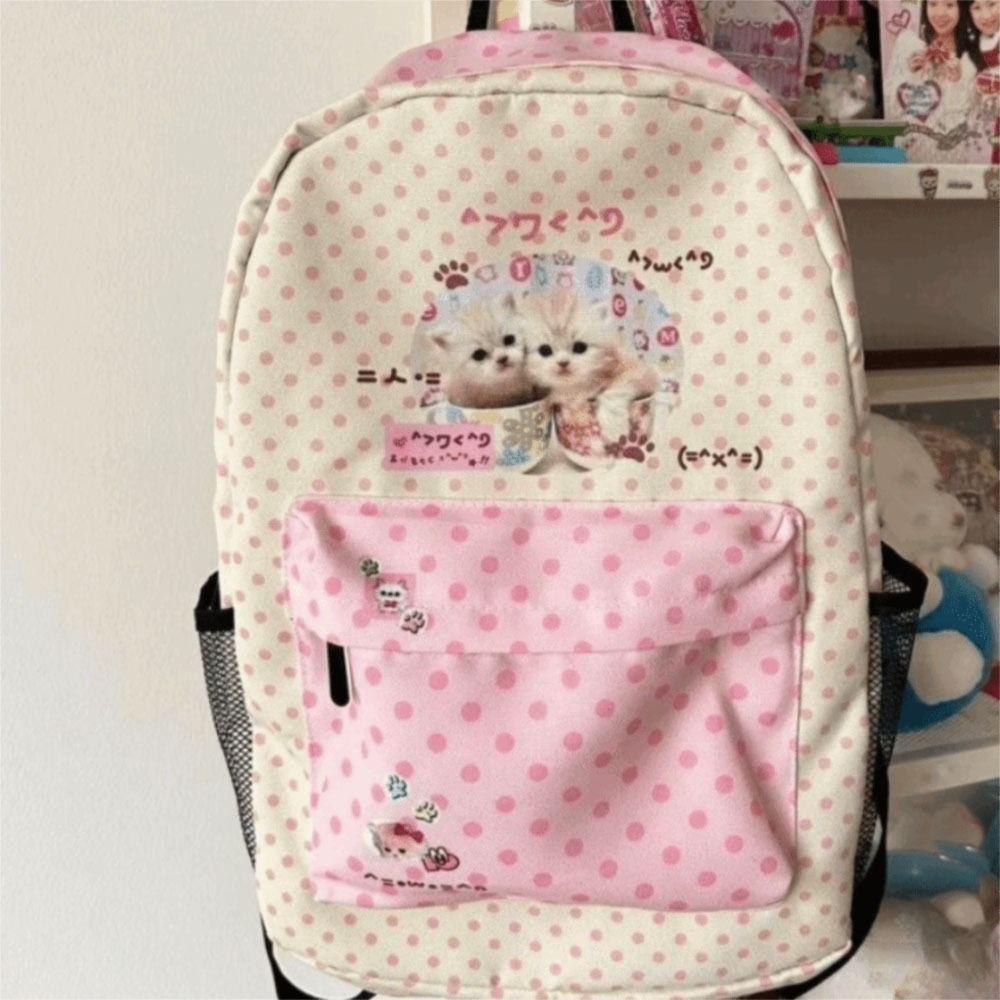 Kawaii Contrast Color Cat Dot Backpacks Patchwork High-capacity Preppy Schoolbags Shoulder Bag Students Girl Travel Book Bag
