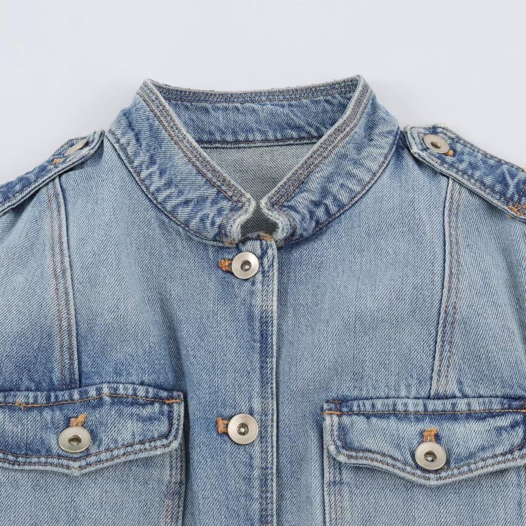 Autumn new multi-pocket zipper decorative elastic waist denim jacket 8727270