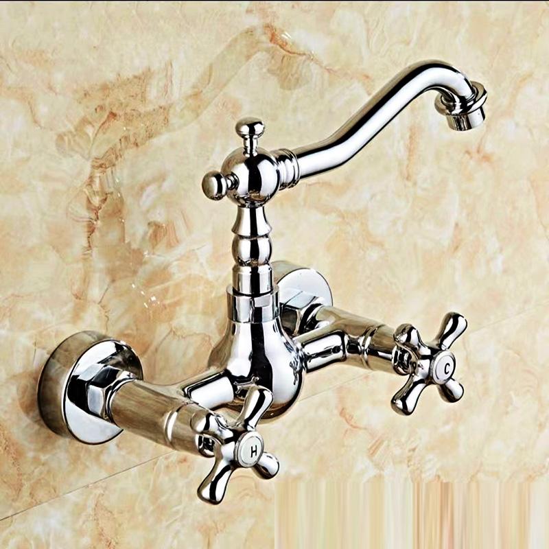 Luxury Gold Color Brass Bathroom Kitchen Sink Basin Faucet Mixer Tap Swivel Spout Wall Mounted Dual Cross Handles