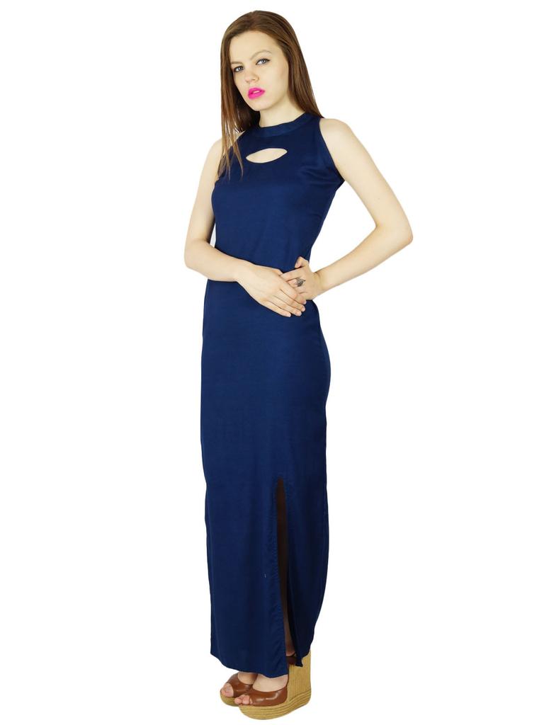 Bimba Women Long Maxi Dress With Side Slit Keyhole Neck Sleeveless Gown