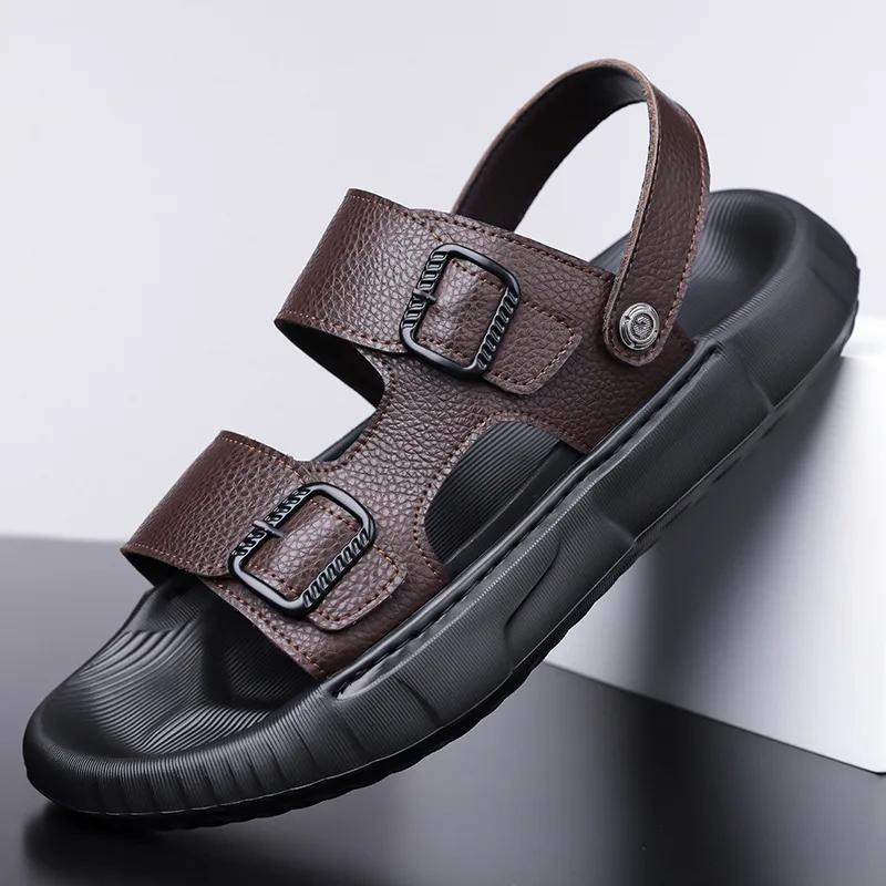 

Summer Men Shoes Genuine Leather Sandals Comfortable Casual Platform Shoes Cool Slip-on Beach Shoes 38 коричневый