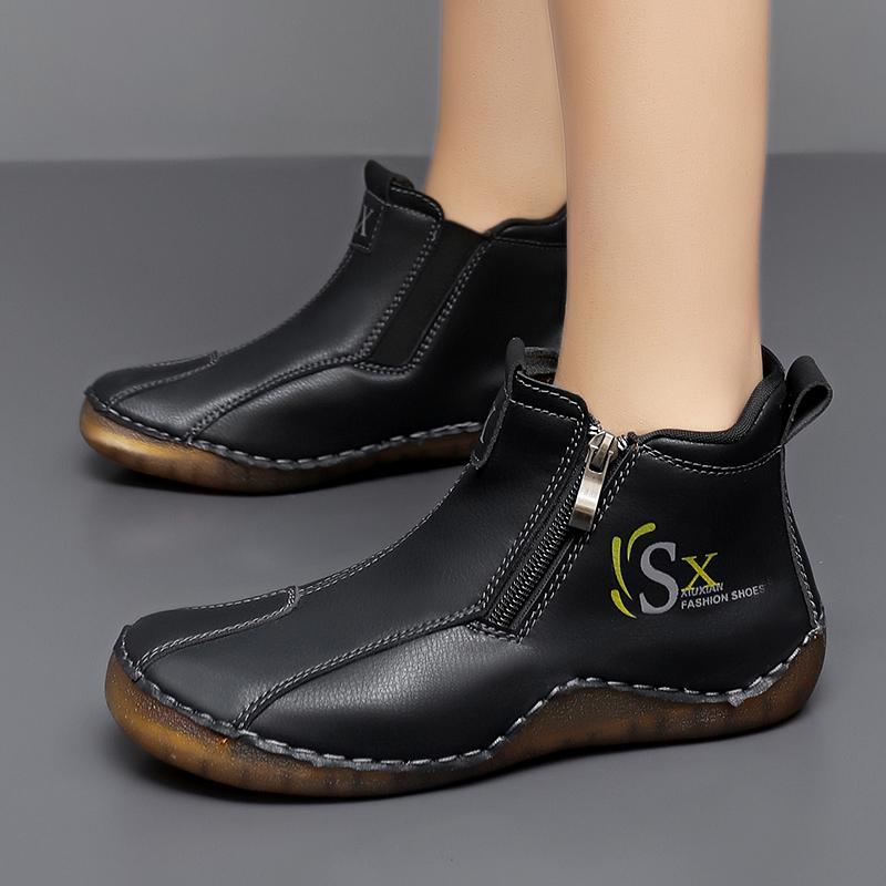 New Women Ankle Boots Fashion Zipper Women's Boots Handmade Leather Women Casual Shoes Outdoor Comfortable Flats Walking Shoes
