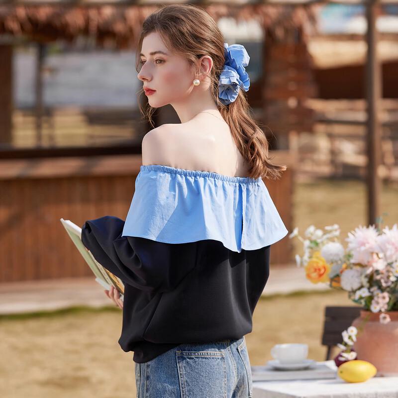 Women's Sweet Ruffle Patchwork Off-Shoulder Sweatshirt