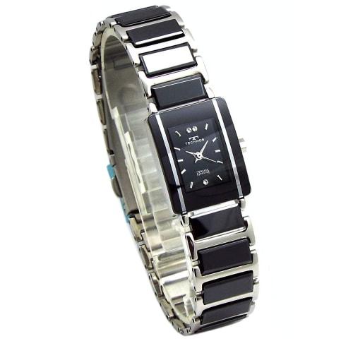 

TECHNOS Женские элегантные керамические часы с черным циферблатом и серебристым комбинированным браслетом-сердечком (TSL906TB-SET)