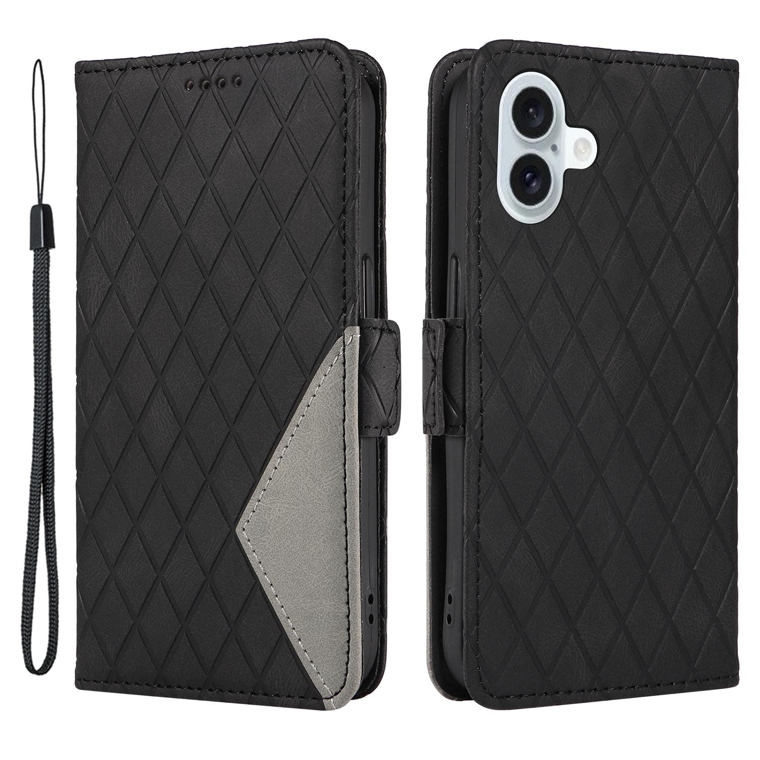 

For iPhone 16 Plus Case Rhombus Grid Leather Wallet Phone Cover Black