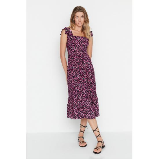 Rochie midi cu modele florale cu mâneci mini cu guler pătrat