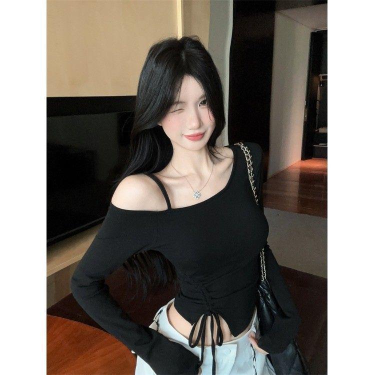 Sweet & Spicy Korean One-Shoulder Drawstring Long-Sleeve Slim Fit Women's T-Shirt - Autumn Collection