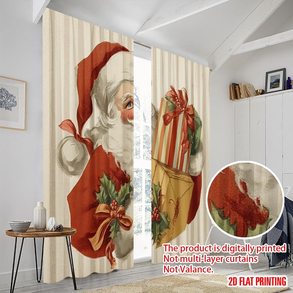 2pcs,2D plane printing Window Curtain Vintage Santa Claus Durable 100% Polyester Fabric (without rod) Outdoor Decorations for