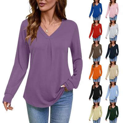 Women's Long Sleeve V Neck Blouse Business Casual Tunic Top Loose Fit Work Shirt