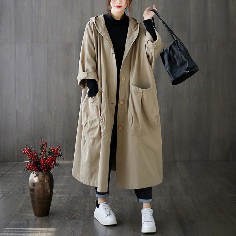 Autumn New Literary Loose Large Size Knee Long Big Pocket Trench Coat Women's Hooded Commuter Casual