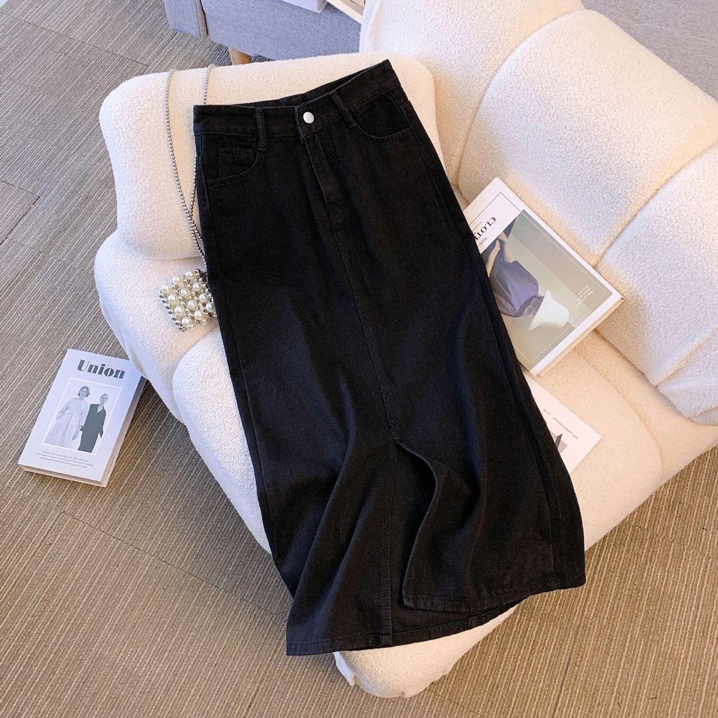 2024 Summer High-Waist Retro Denim Midi Skirt with Slit