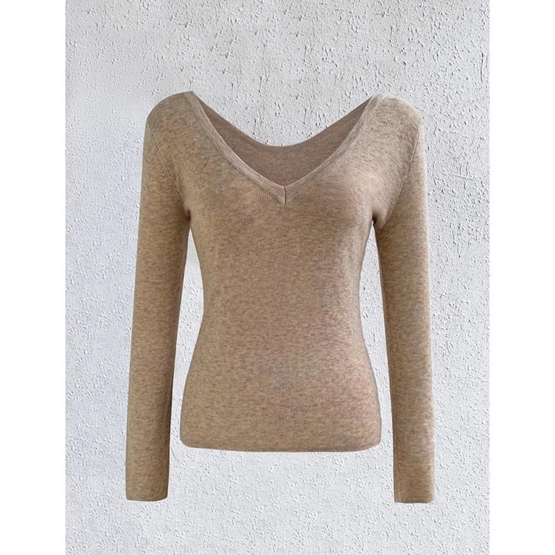 

Новый Двусторонний Трикотажный Топ с V-образным Вырезом и Длинным Рукавом, Однотонный Пуловер из Смеси Шерсти с Круглым Вырезом, Базовая Футболка L бежевый