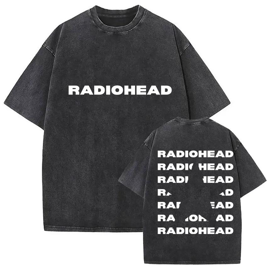 Vintage Washed Radiohead Tour  Print T Shirts Men Women Hip Hop Loose Pop British Rock Short Sleeve Tshirt Punk Streetwear