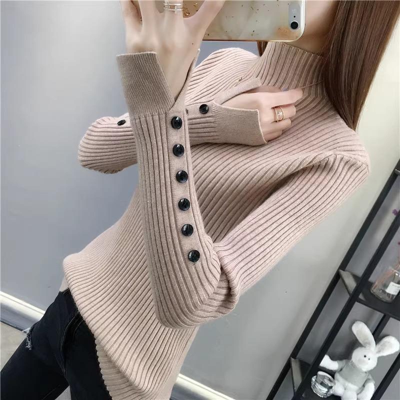 Half High Neck Sweater for Women Autumn and Winter Thick Slim Pullover Sweater Button Slit Sleeve Top Knitted Sweater for Women
