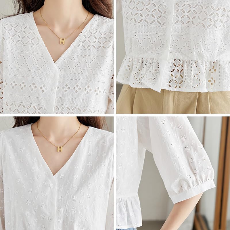 [SYitong] Lace Top, Short Sleeve, Floral Blouse, White, V-Neck, Summer, Embroidery, Cute, Openwork, Fluffy, Figure-Flattering, Slimming, Simple, Styli