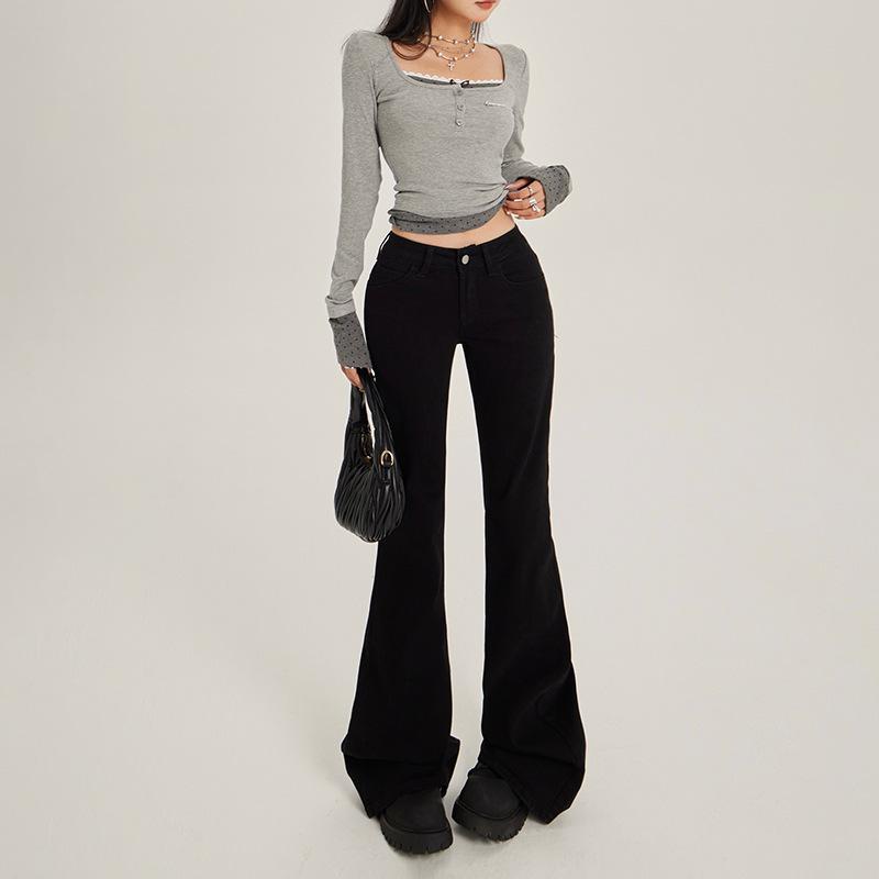 

Spicy Girl Low-Waist Black Micro-Flare Jeans for Women - Spring/Autumn 2025 Slim-Fit Wide-Leg Versatile Pants Medium