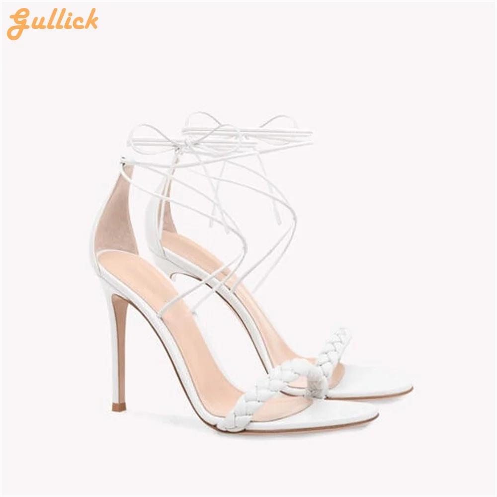 Fashion White PU Weave One Word Belt Sandals Stiletto Heel Ankle Strap Lace Up Pointed Toe Sandals Women Fashion Summer Sandals