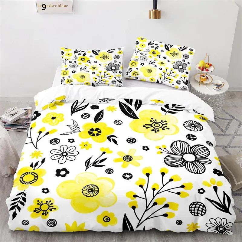 Exotic Floral Duvet Cover Abstract Geometric Bedding Set Microfiber Flowers Leaves Comforter Cover King For Girls Adult Bedroom
