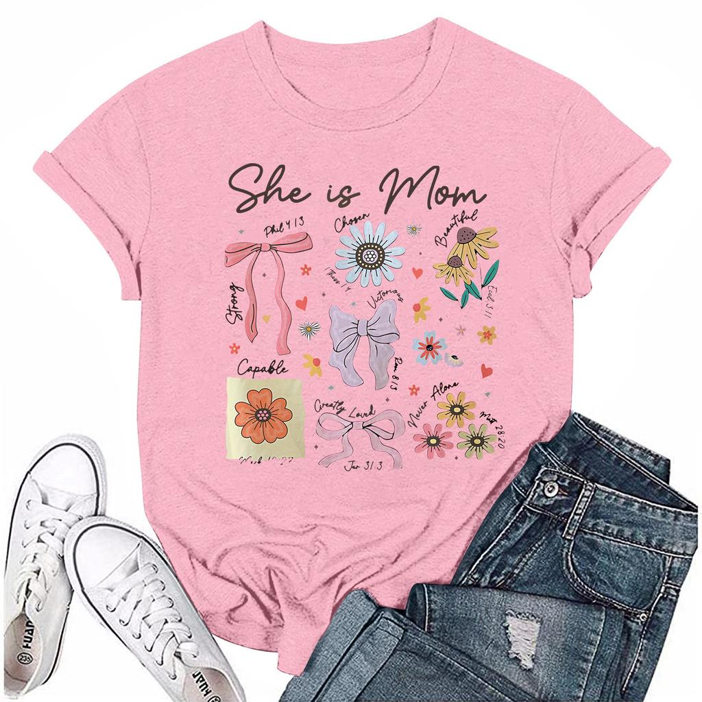 Women Casual Daily Round Neck Printed Short Sleeved T-shirt Letter Top