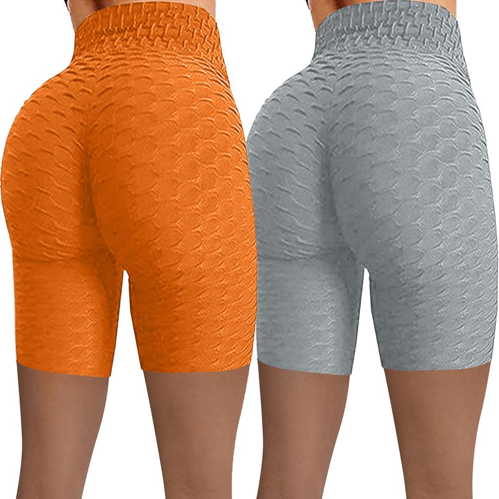 2PCWomen Wrinkled High Waist Hip Stretch Running Fitness Yoga Pants Biker Shorts