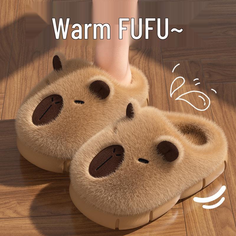 Damskie Kapibara Pluszowe Bawełniane Kapcie na Grubej Podeszwie - Antypoślizgowe, Ciepłe, z Zakrytymi Palcami Obuwie Zimowe do Wewnątrz/Na Zewnątrz