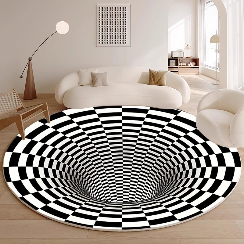 Flannel Printed Round Rug With Black White Optical Illusion Design For Modern Home Decor Soft Floor Mat 3D Art Theme