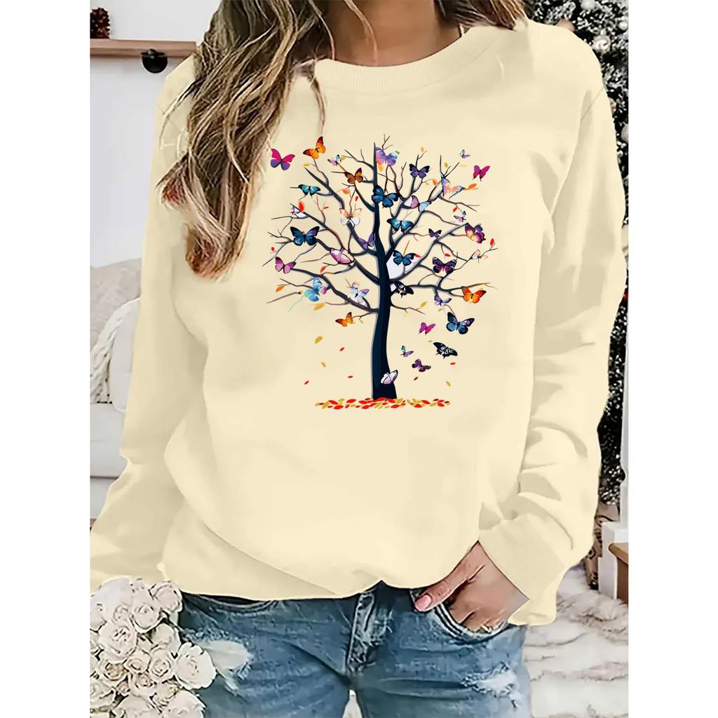 Women's autumn and winter casual loose and comfortable warm butterfly tree printed round neck long sleeved pullover sweater