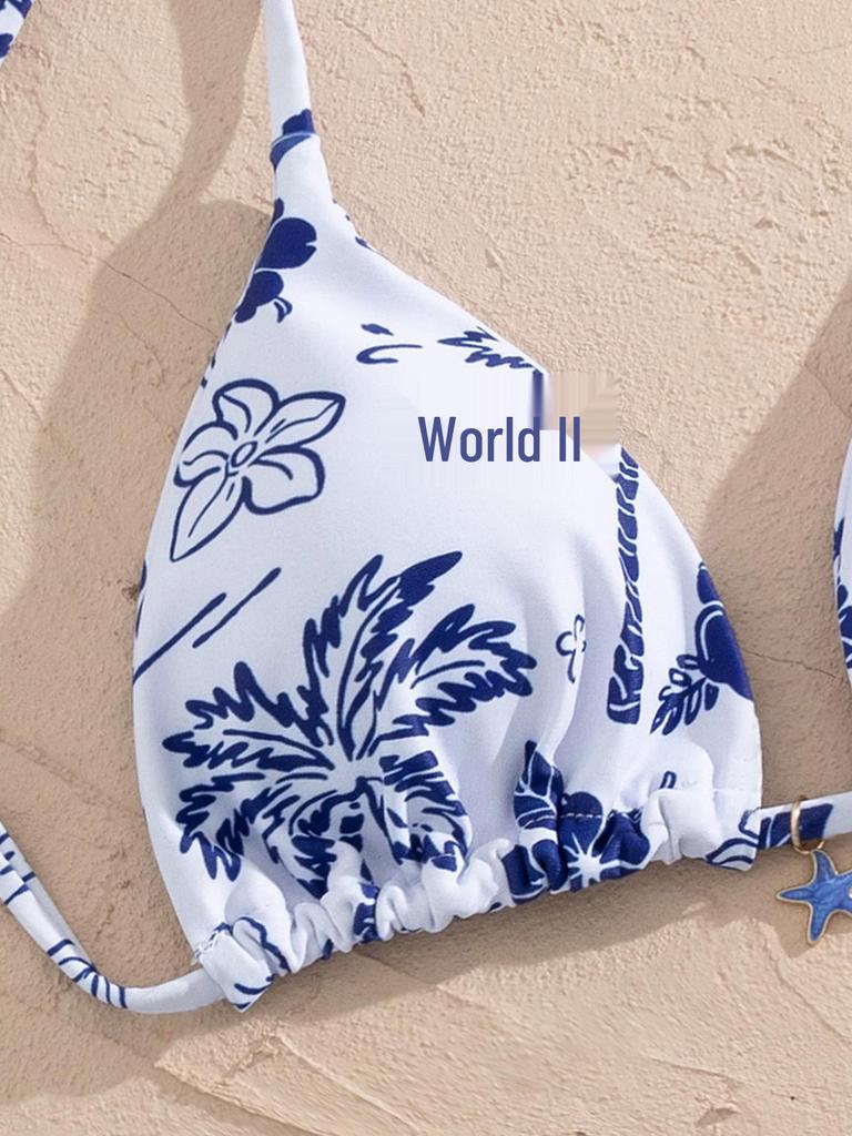 2026 European & American Sexy Double-Layer Bikini with Metal Ornaments – Printed Two-Piece Beach Swimsuit