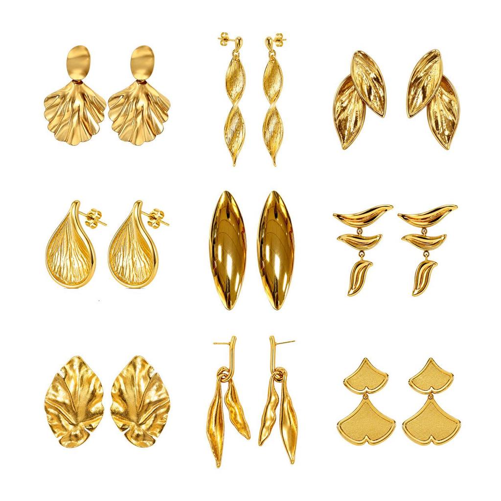 Stylish Gold Leaf Design Earrings - High-End Stainless Steel Studs & Dangles