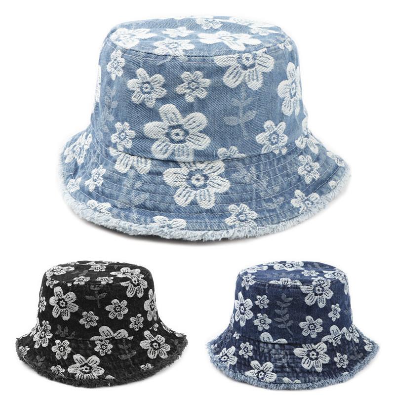 Small Fresh Flower Embroidery Denim Fisherman Hat For Sun Protection And Breathability