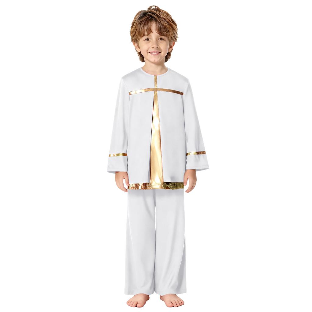 Kids Boys Church Performance Set: Long Sleeve Metallic Patchwork Top & Wide-Leg Pants with Elastic Waistband for Praise Dance