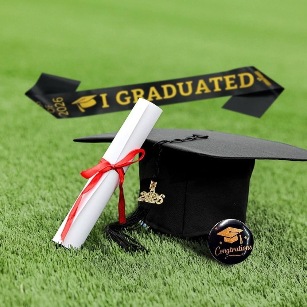 Black Golden Graduation Set Class of 2026 With Tassel Tassel Bachelor Cap Badge Plain Cloth Satin Graduation Shoulder Strap