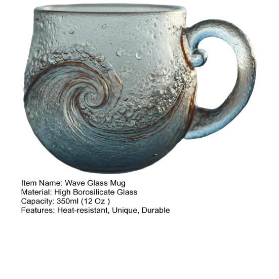 Ocean Wave Glass Mug 12oz Handcrafted Coastal Glassware for Coffee Tea Cocktails Dishwasher Safe