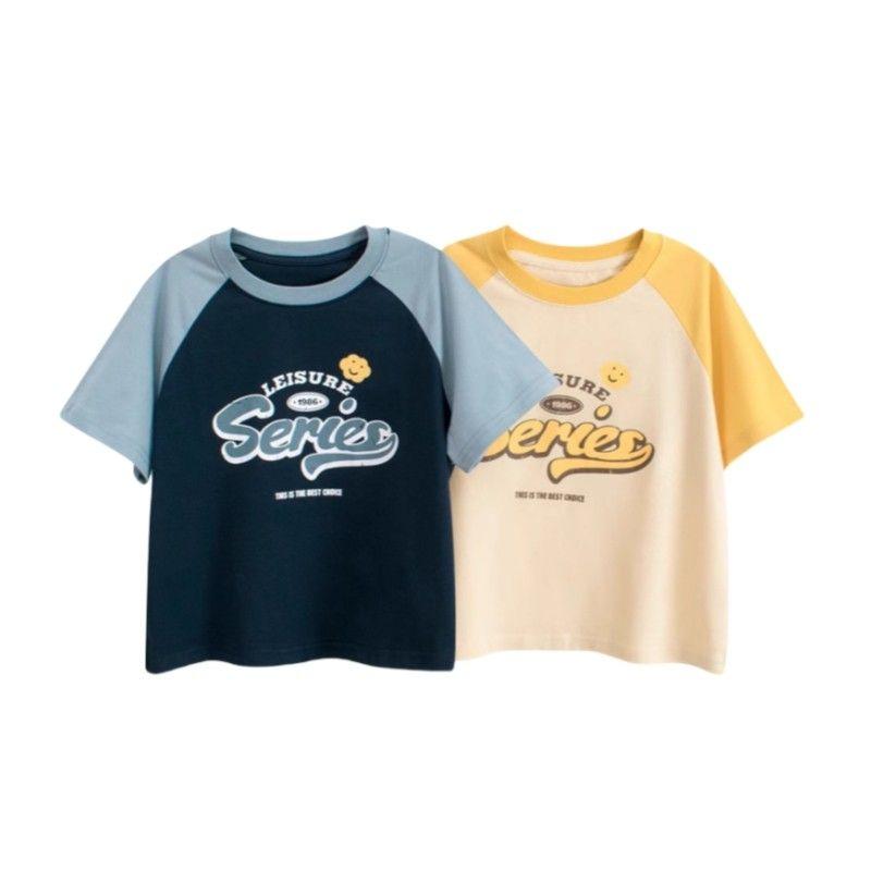 Boys and Girls Raglan Sleeve Short-Sleeved T-Shirt Summer Kidsren's Contrasting Color Letter Print Top Medium and Large Kidsren's Pure Cotton Clothes