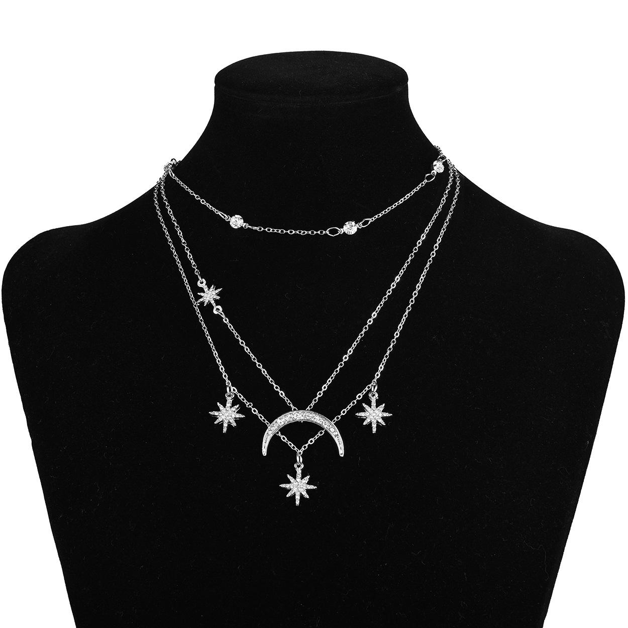 European & American Star Moon Crystal Rhinestone Tassel Multi-layer Necklace