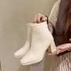 French White Thick Heel Small Short Boots Women's 2025 Autumn and Winter New Fashion High Heels Thin Boots Square Head Thin Boots