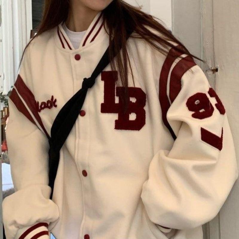 Cappotto Giacca Bomber da Baseball Ampia Retro da Donna Top Harajuku Taglie Forti Giacche di Peluche Streetwear