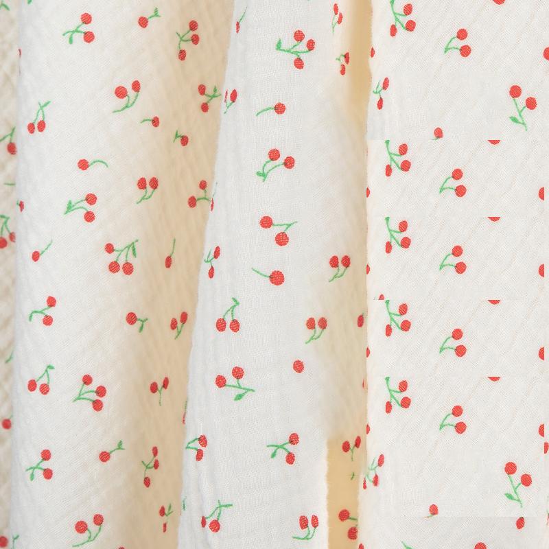 0.5m/1m/2m Soft Cartoon Cherry Print Double Crepe Gauze Fabric 100% Cotton Fabric DIY Sewing Clothing Baby Breathable Texture