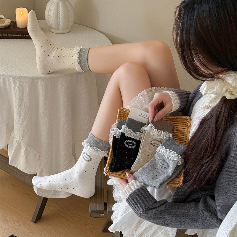 

Кружевная отделка, черные носки с надписью по краю уха, женские носки до середины икры из чистого хлопка в стиле Лолиты в горошек для балета 1 pair хаки
