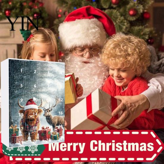 Decorative Acrylic Ornaments for Windows Doors Christmas Advent Calendar, 24 Day Countdown Box with Highland Cow Hanging Tree Pendants, Festive Decor,