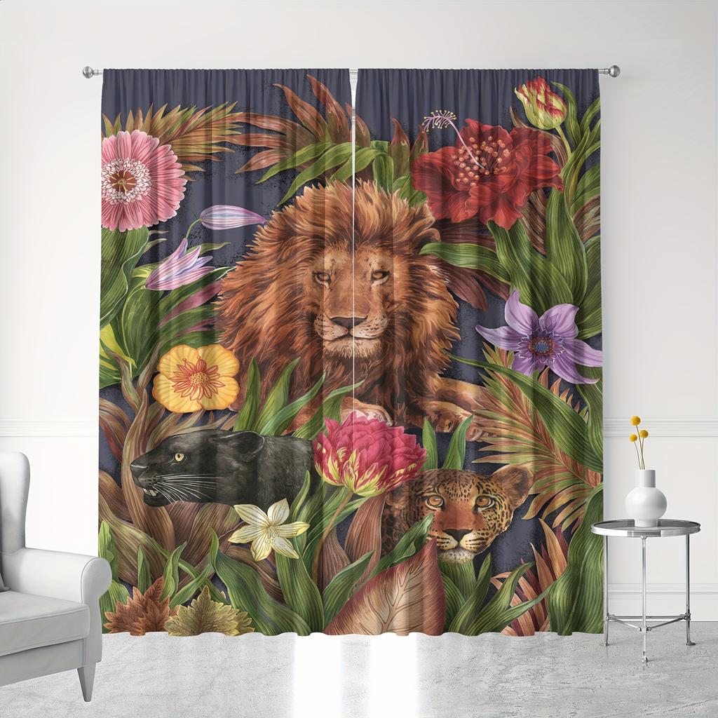 2pcs Elegant Lions And Romantic Rose Print Curtains For Home Decor For Bedrooms Office Kitchen Living Room Study Decor Rod Pocke