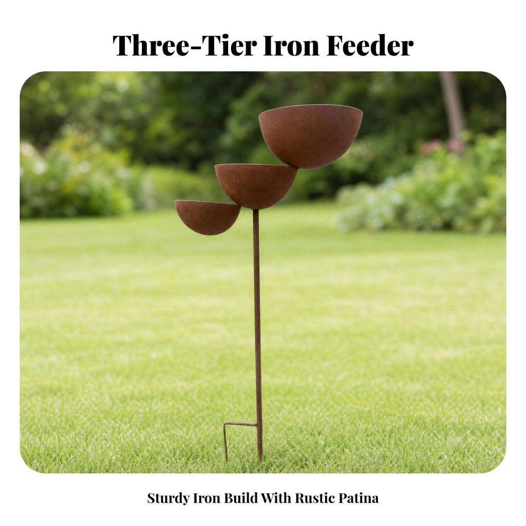 Iron Bird Feeder with Three Bowls Decorative for Lawns
