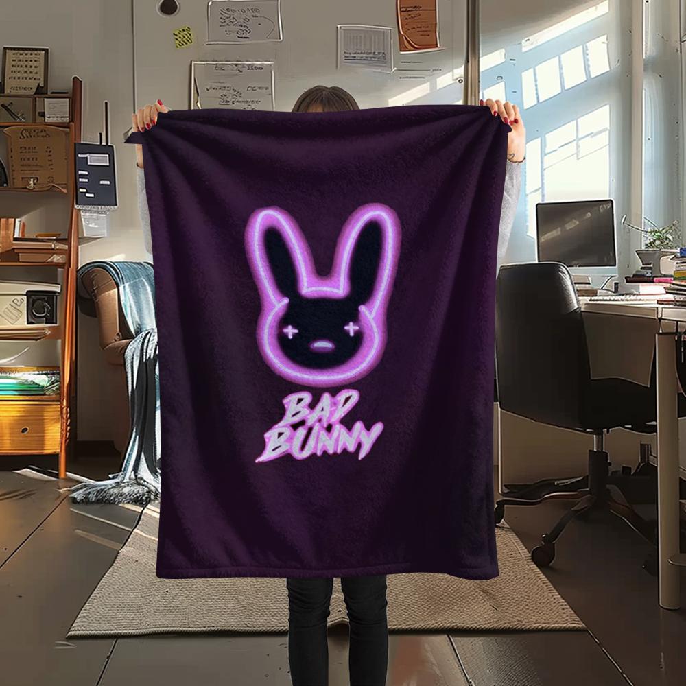 1PC Bad Bunny Print Flannel Blanket, High Quality Comfortable for All Seasons, Home Decor, Warmth and Comfort, Perfect for Christmas Gifts