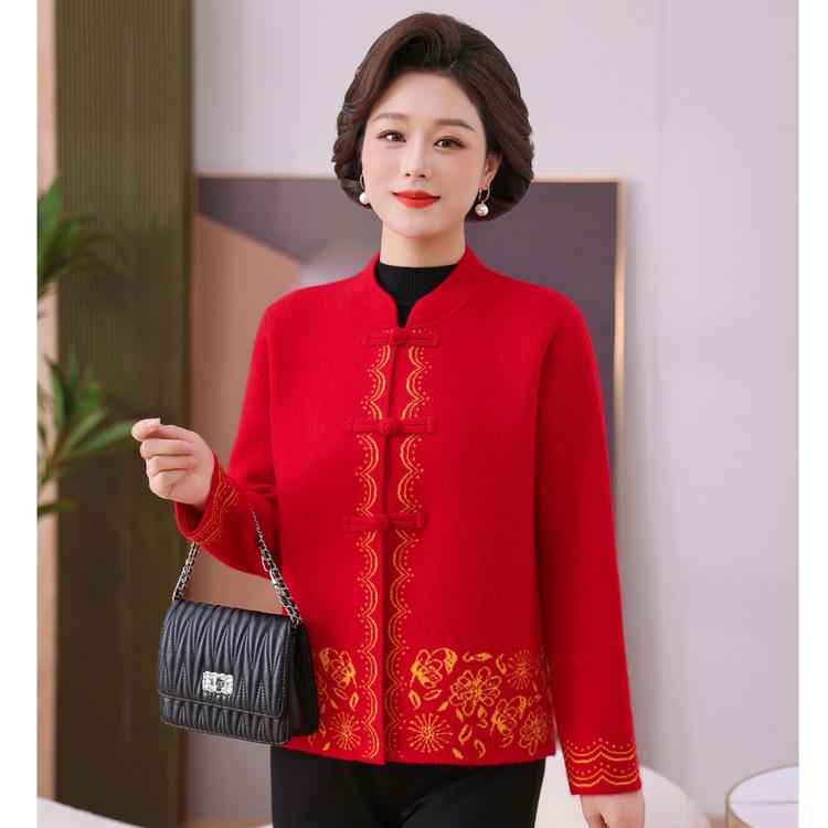 Mom Spring, Autumn and Winter New Collar Buckle Embroidered Cardigan Coat Middle-aged and Elderly Women Western-style Knitted Tang Suit Coat