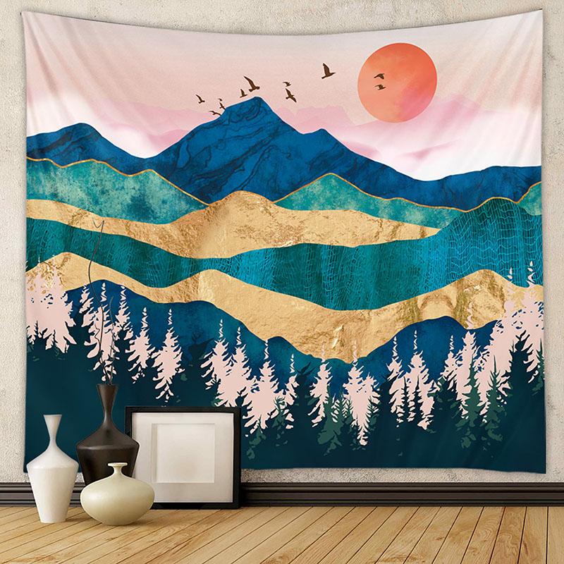Nordic Mountain Sunset Printed Tapestry Natural Landscape Wall Hanging Cloth Beautiful Bedroom Background Decoration with Nails