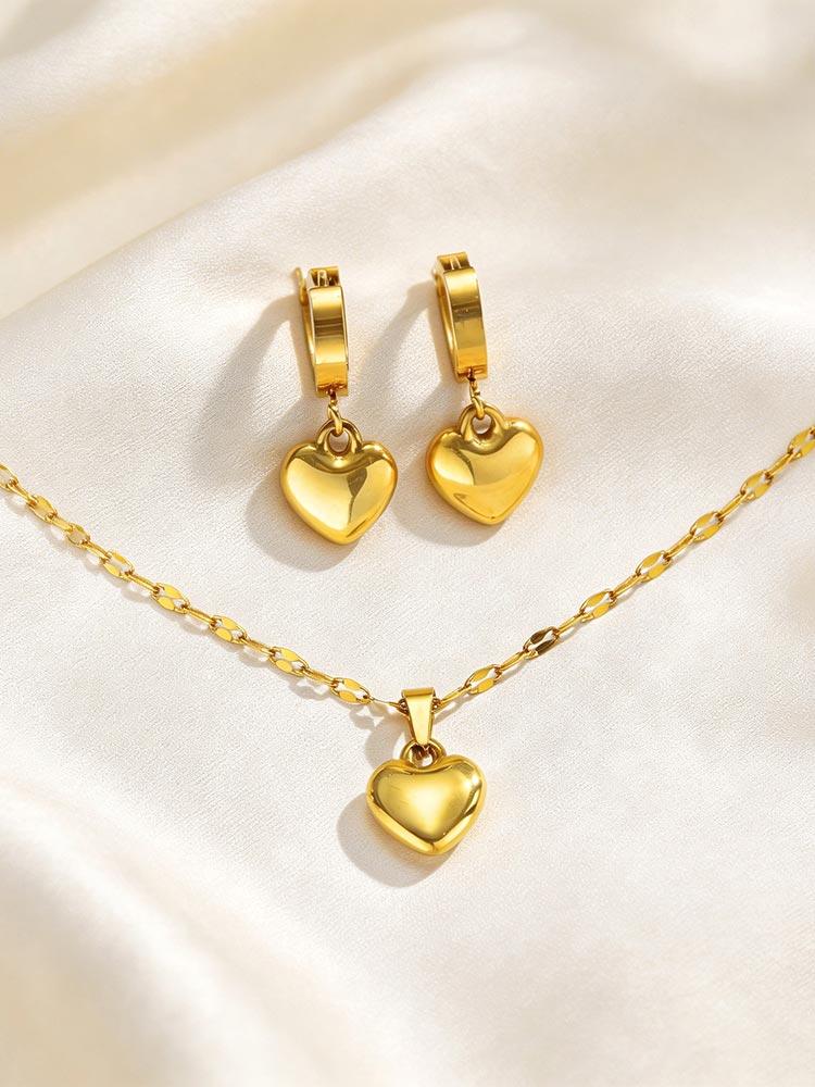 18K Gold Platinierter Edelstahl Herz Schmuckset für Damen Mädchen, Liebesherz Anhänger Halskette Creolen Wasserdicht
