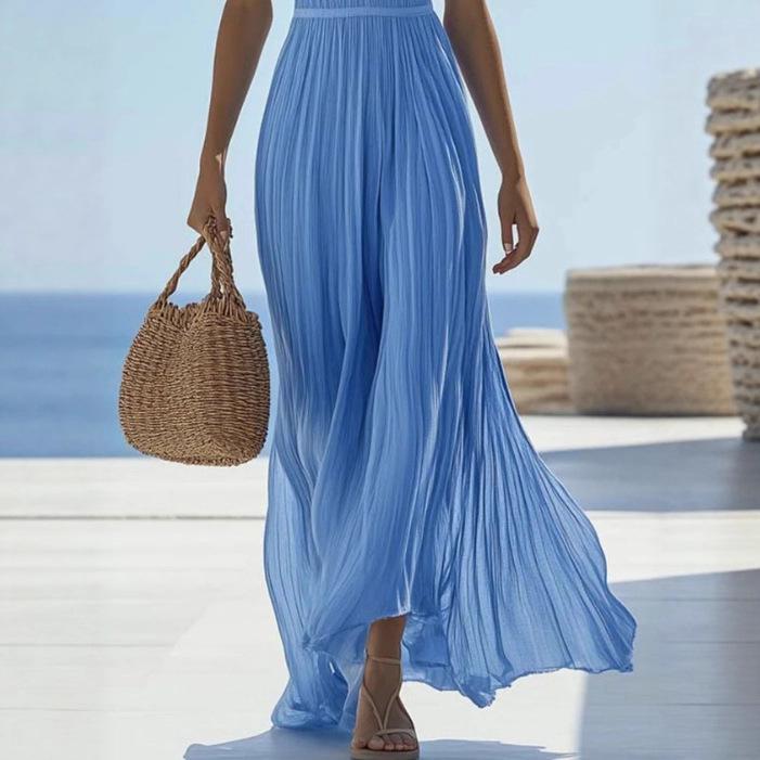 Women Halter Neck Plunging V Neck Maxi Dress Button Detail Pleated Backless Summer Beach Dress