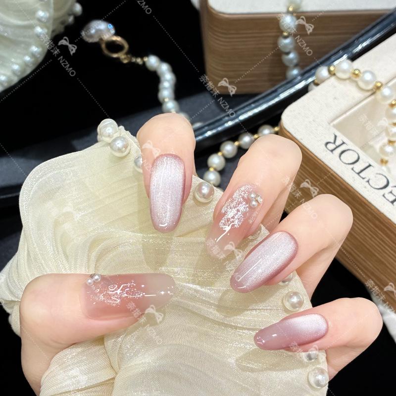 L80 Elegant Nude Cat Eye White-Brightening Handmade Wearable Nails L80-M (Medium Oval)