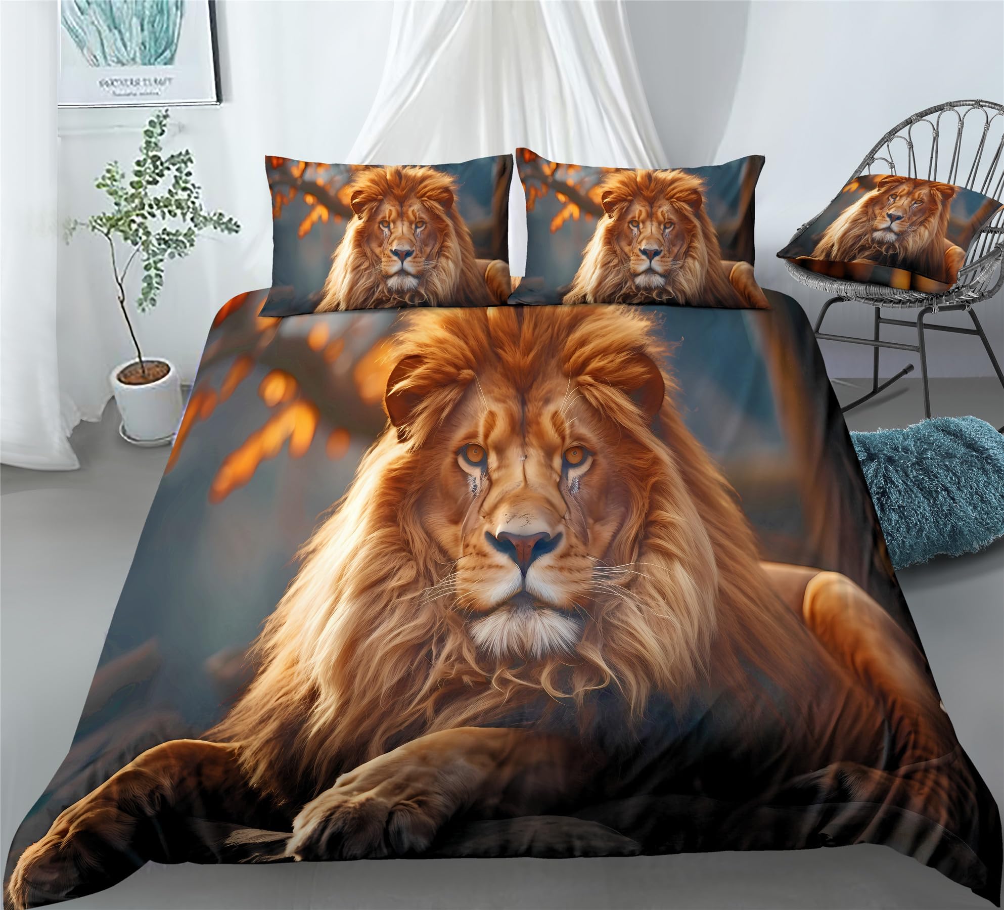 

3D Lion King Duvet Cover Fierce Lion Head Bedding Set Microfiber Wild Animals Comforter Cover For Teen Boys Young Man Room Decor EU Single(135*200cm)3pcs